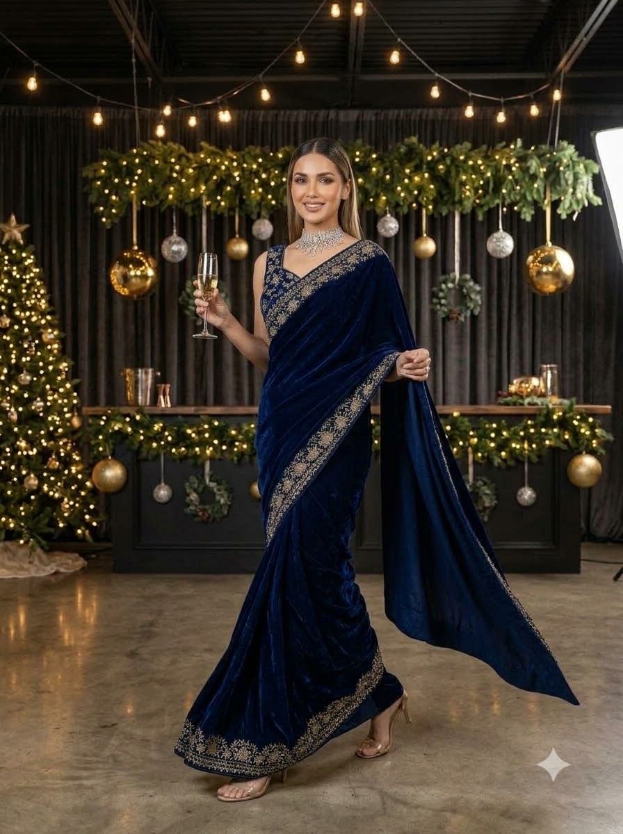 Silence of Luxury Viscose Velvet Sequin Embroidered Saree