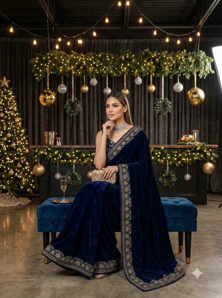 Silence of Luxury Viscose Velvet Sequin Embroidered Saree