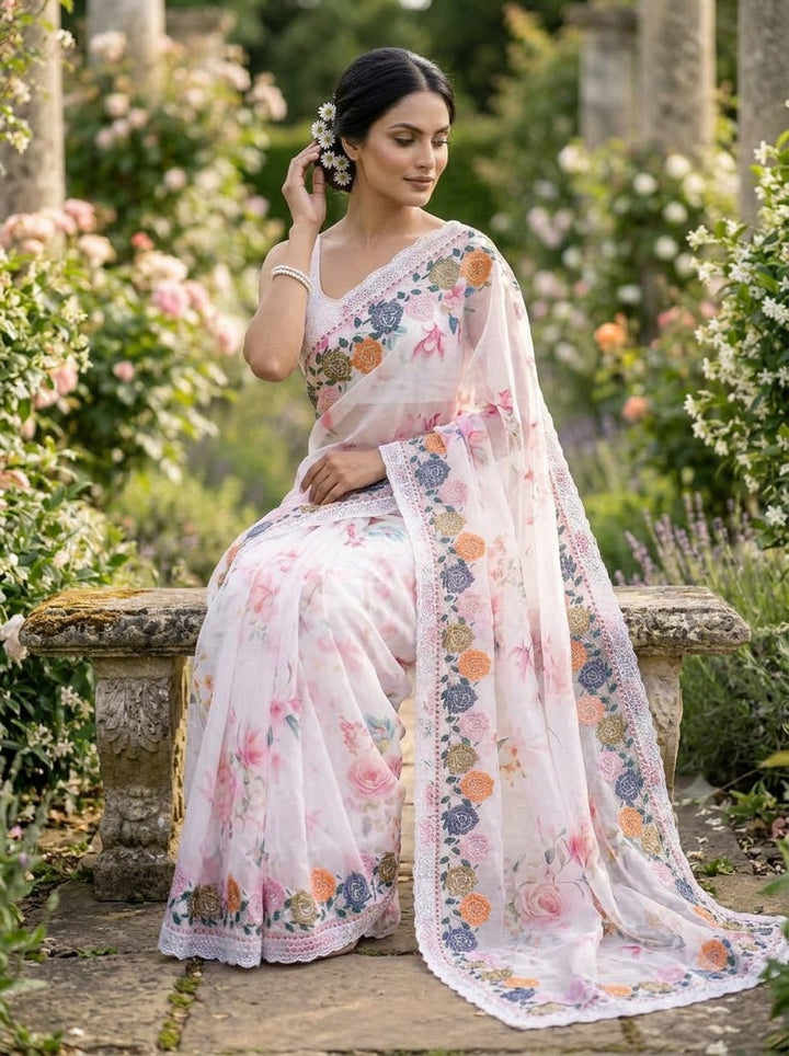 Designer White Rose Georgette silk saree