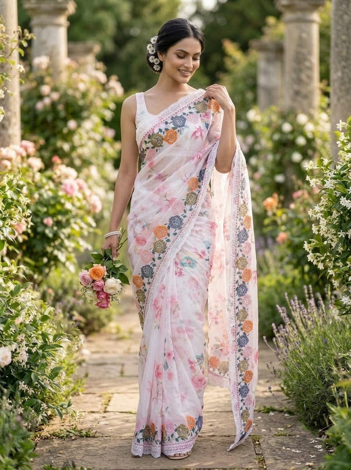 Designer White Rose Georgette silk saree