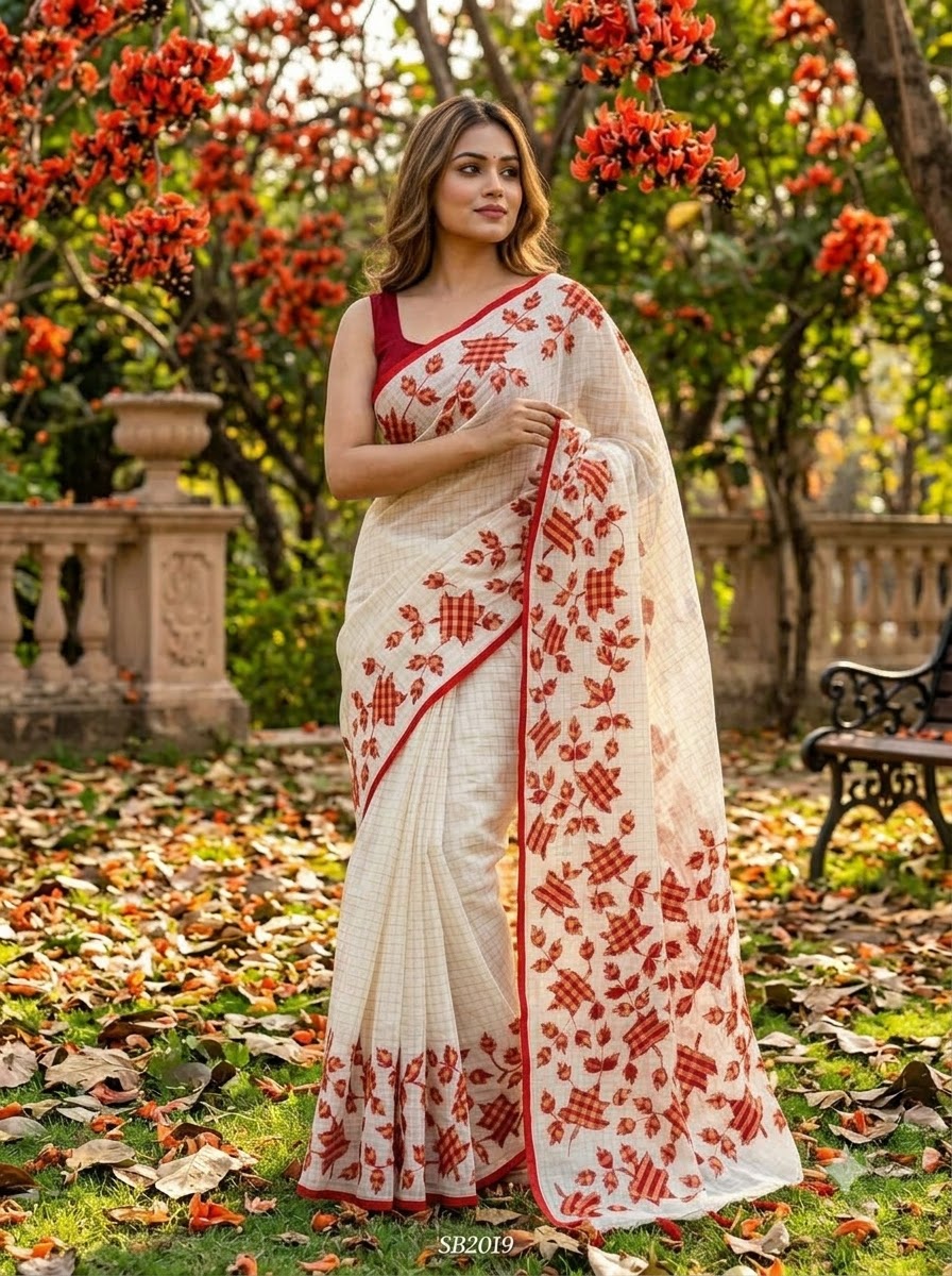 Patar Uronto Golpo Dhonekhali Applique Cotton Saree