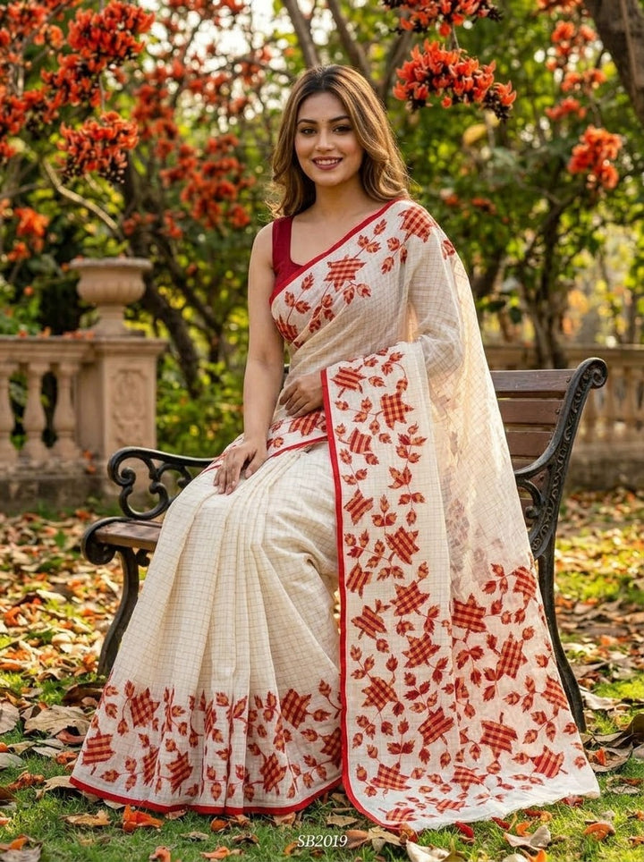 Patar Uronto Golpo Dhonekhali Applique Cotton Saree