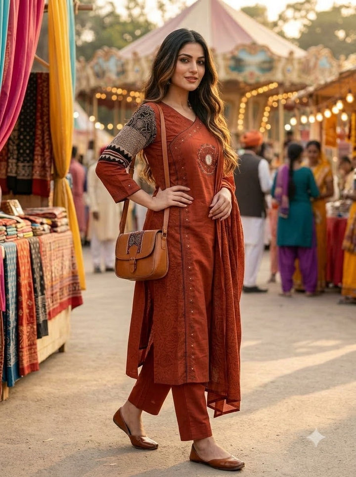 Anvee Cotton Kurti Set(Orange)