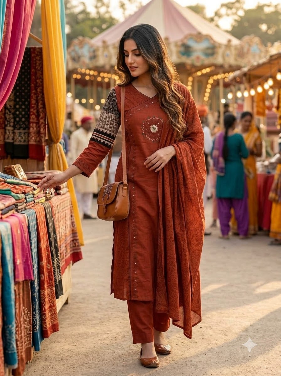 Anvee Cotton Kurti Set(Orange)