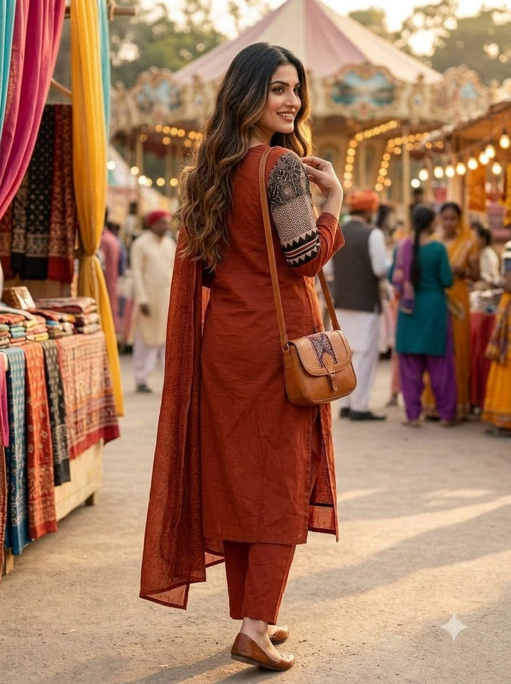 Anvee Cotton Kurti Set(Orange)