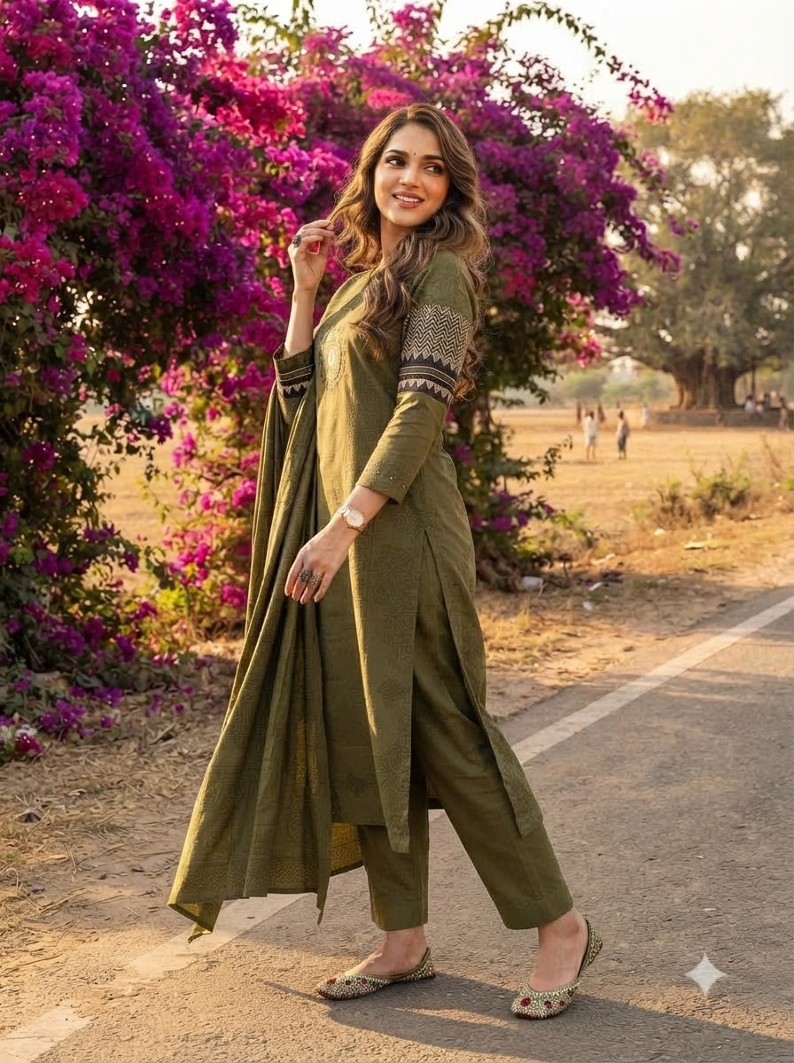 Anvee Cotton Kurti Set(Green)