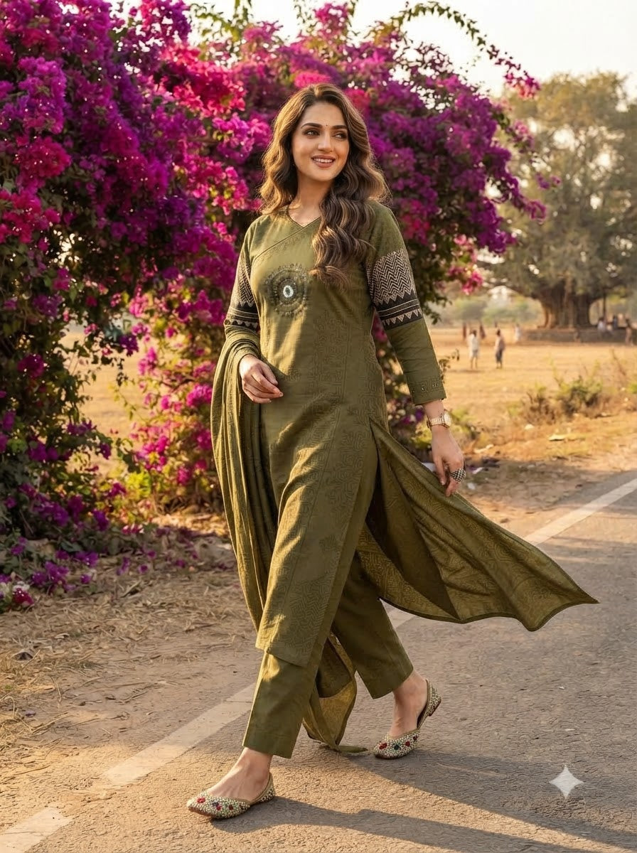 Anvee Cotton Kurti Set(Green)