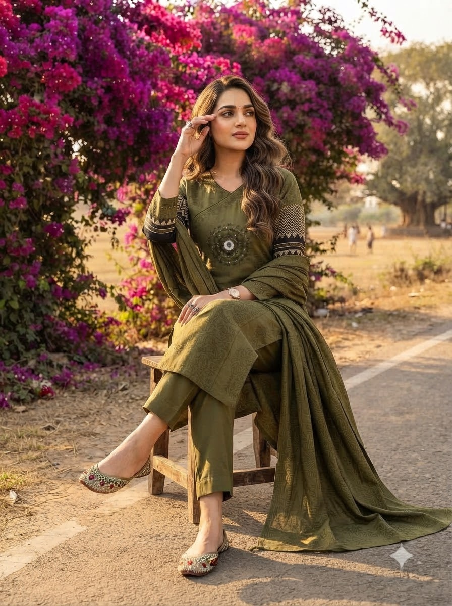 Anvee Cotton Kurti Set(Green)