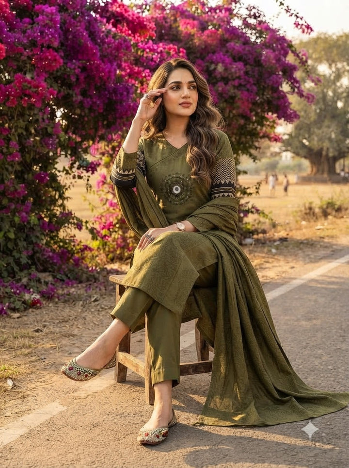 Anvee Cotton Kurti Set(Green)