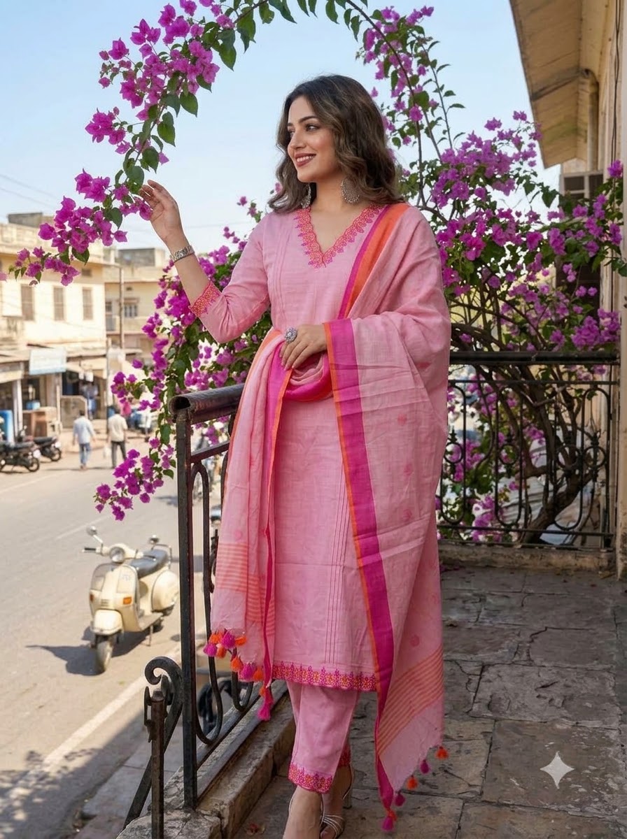 Pink Blossom - Designer Cotton Kurti Set