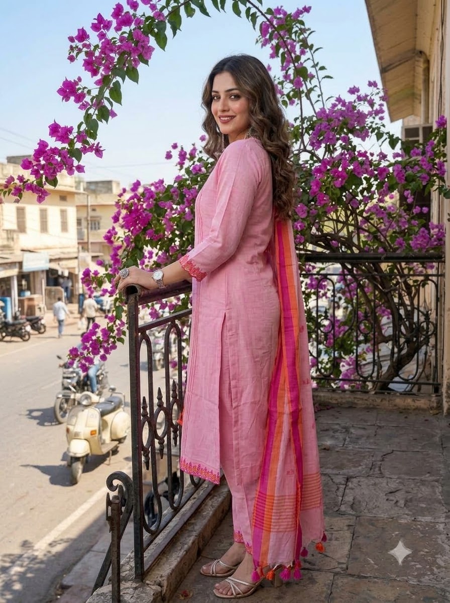 Pink Blossom - Designer Cotton Kurti Set