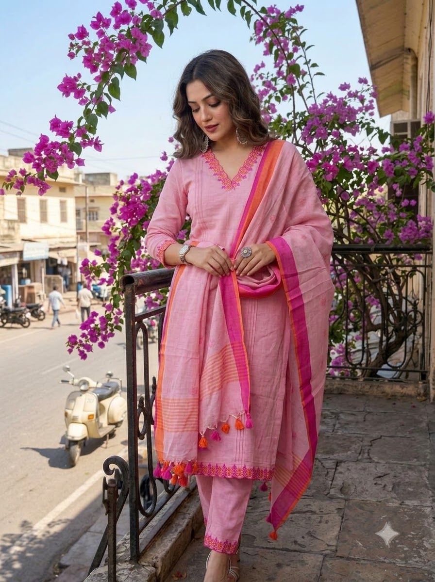 Pink Blossom - Designer Cotton Kurti Set