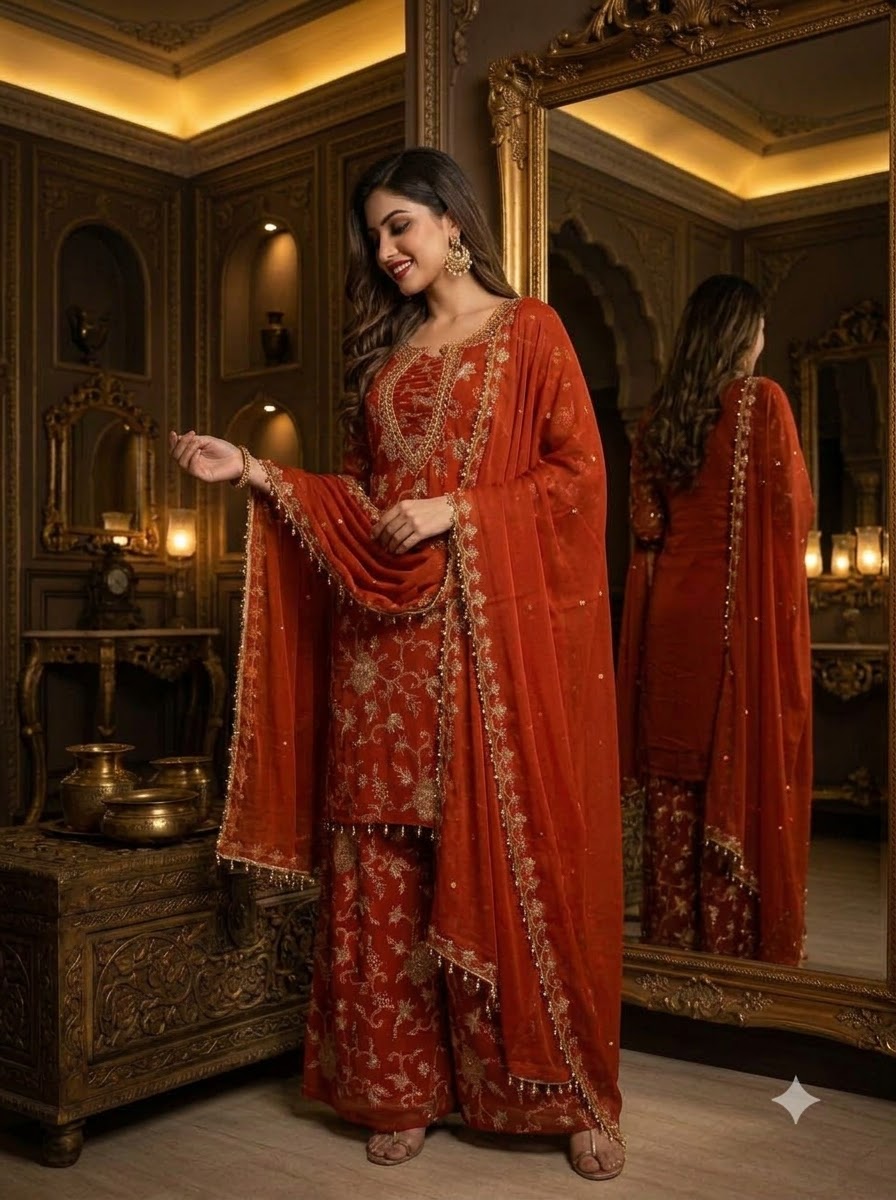 Ruby Dynasty – Embroidered Mirror Work Kurti Set