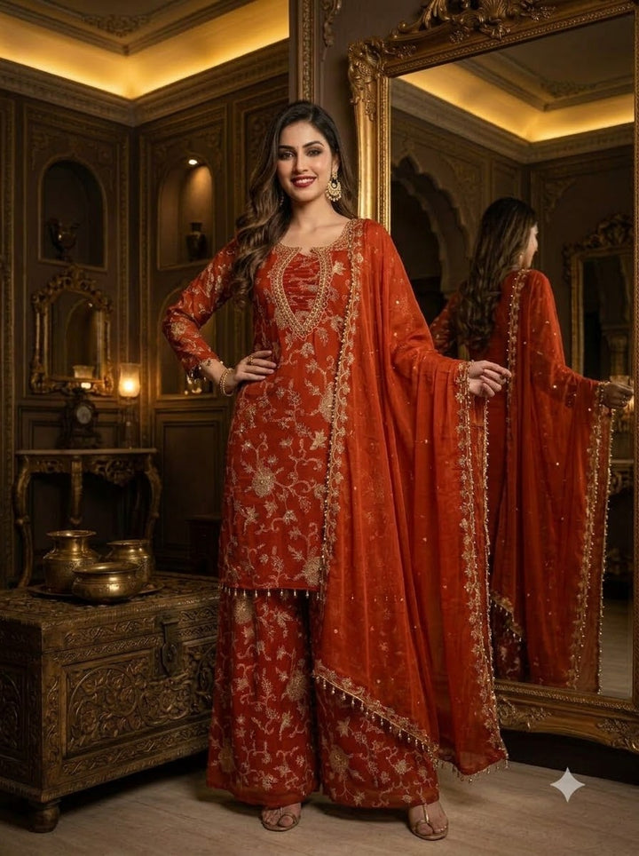 Ruby Dynasty – Embroidered Mirror Work Kurti Set
