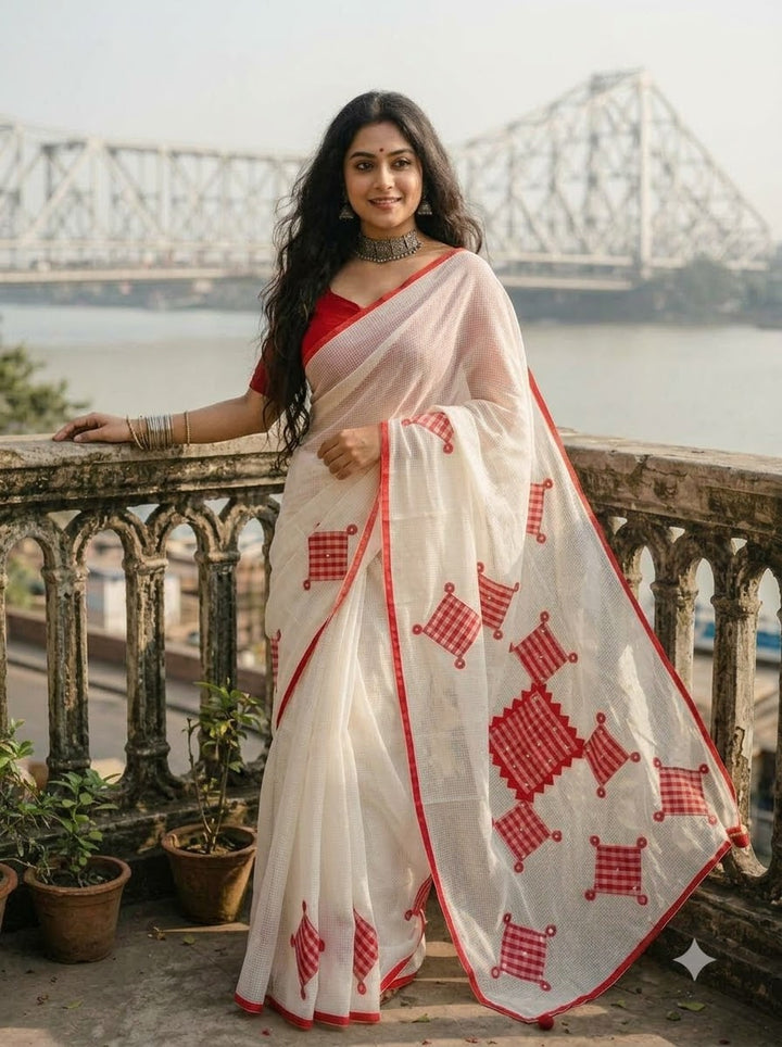 Kolkata Katha Kota Applique Saree with Mirror Work