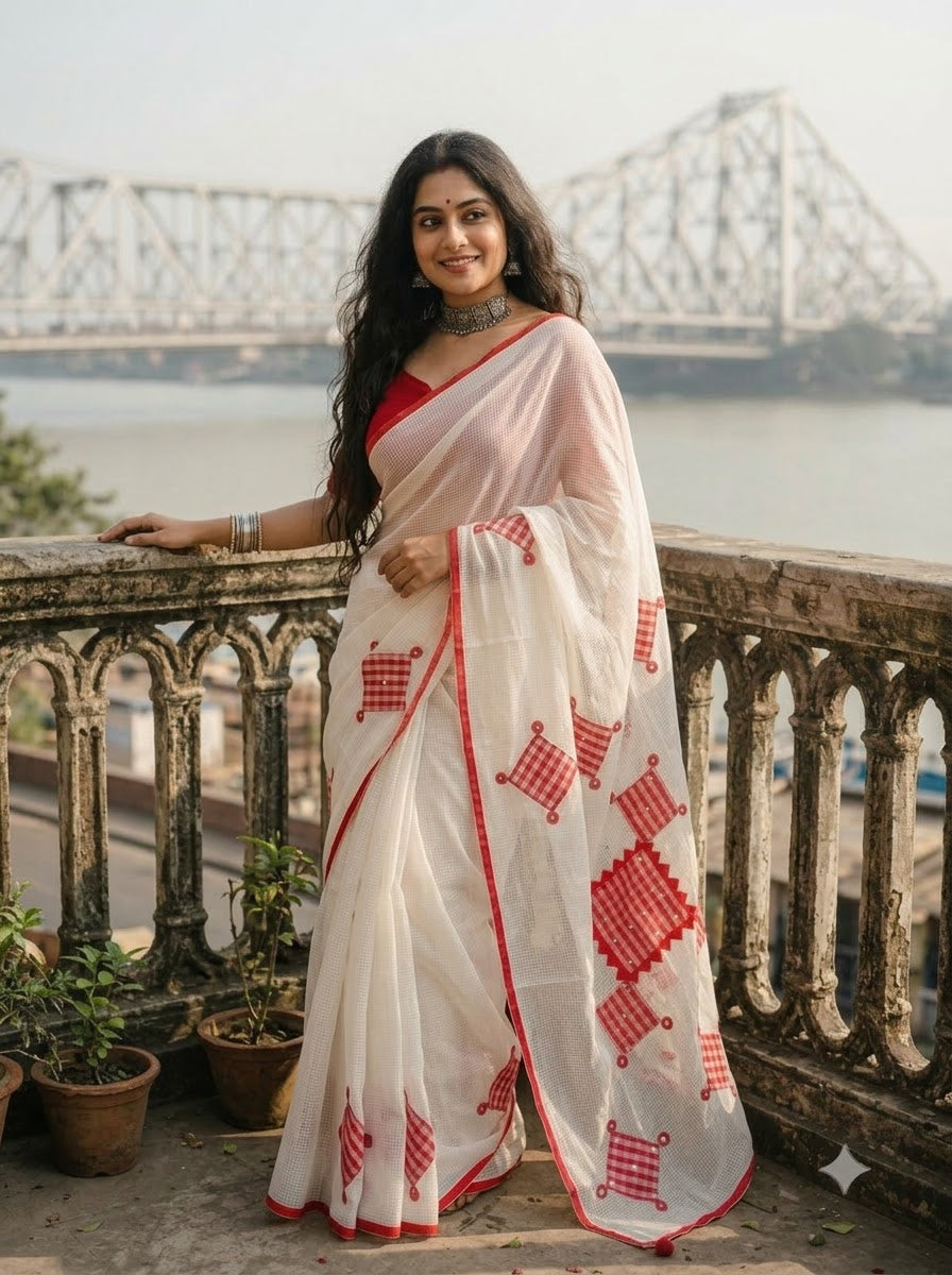 Kolkata Katha Kota Applique Saree with Mirror Work