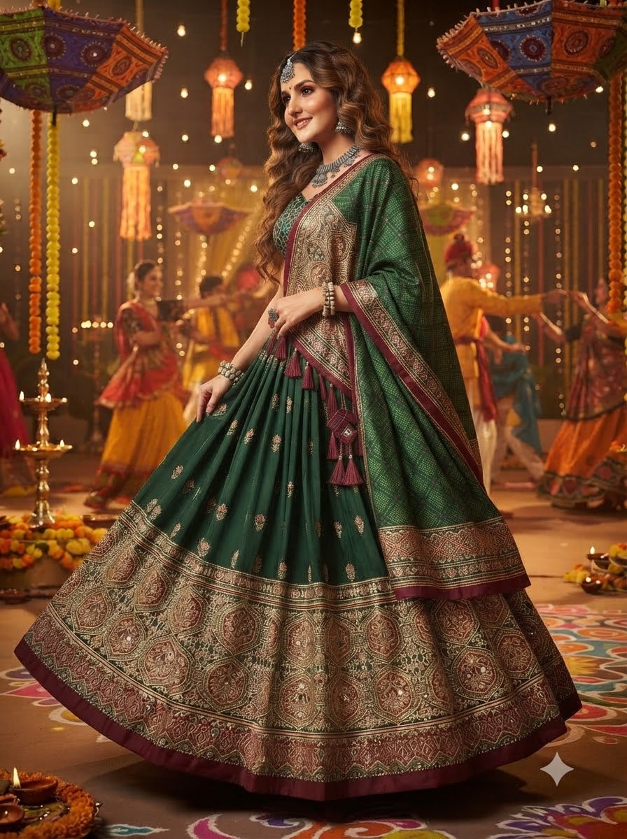Garba Glow Tussar Silk Lehenga With Mirror Work