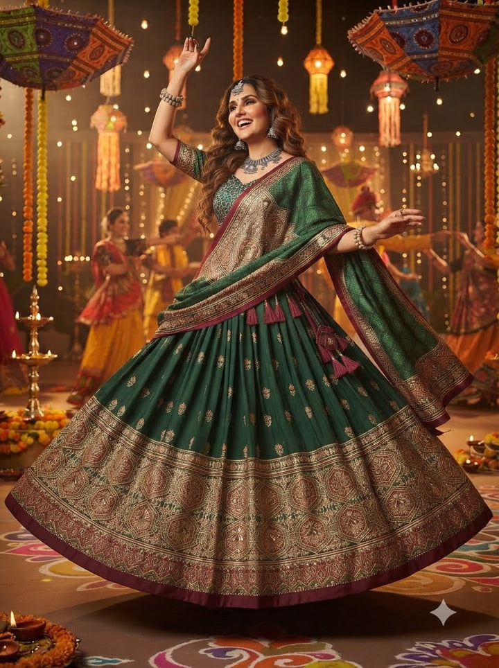 Garba Glow Tussar Silk Lehenga With Mirror Work