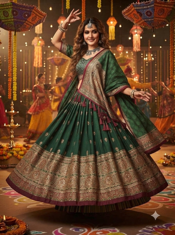 Garba Glow Tussar Silk Lehenga With Mirror Work