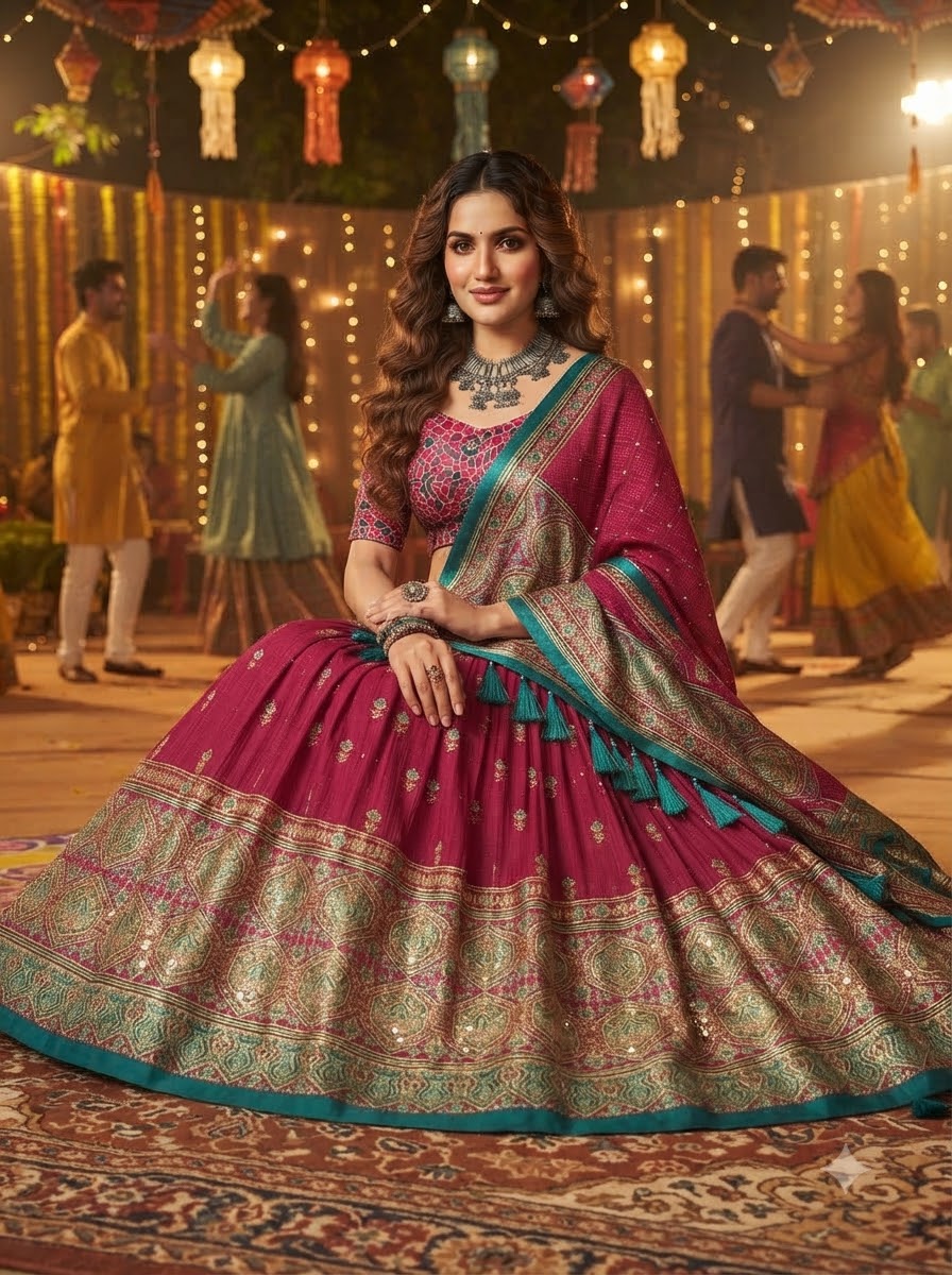 Garba Glow Tussar Silk Lehenga With Mirror Work