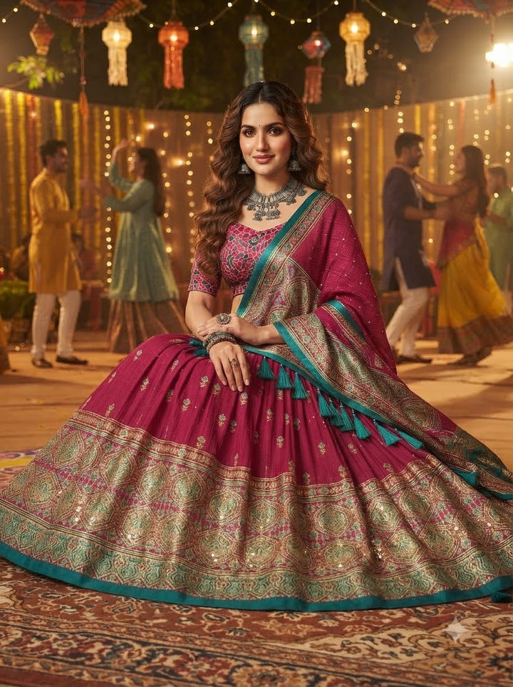 Garba Glow Tussar Silk Lehenga With Mirror Work