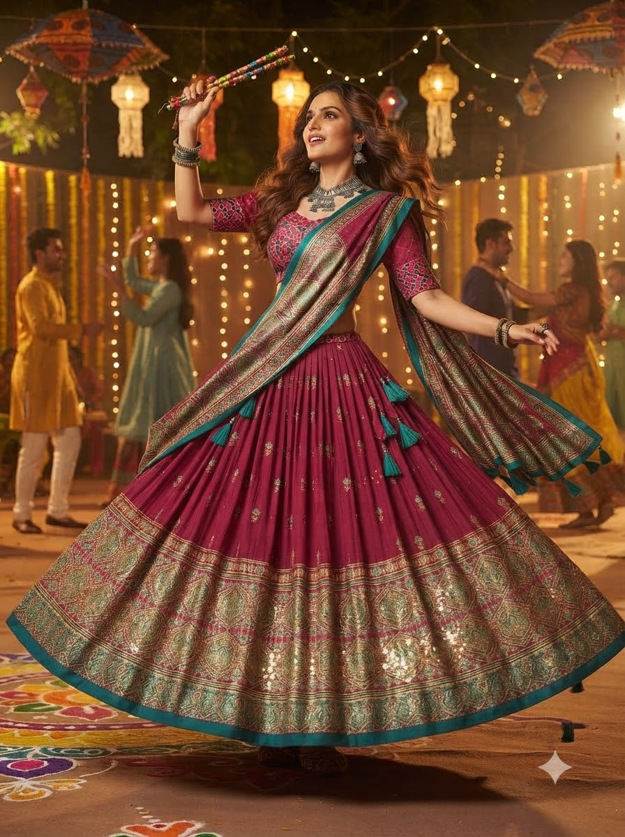 Garba Glow Tussar Silk Lehenga With Mirror Work