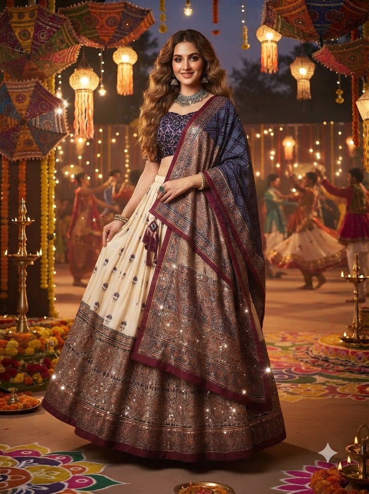 Garba Glow Tussar Silk Lehenga With Mirror Work