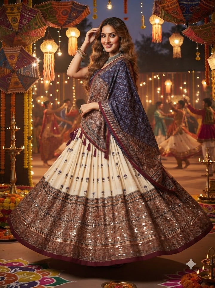 Garba Glow Tussar Silk Lehenga With Mirror Work
