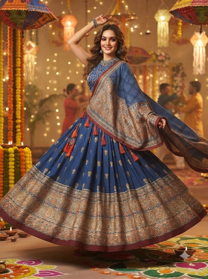 Garba Glow Tussar Silk Lehenga With Mirror Work