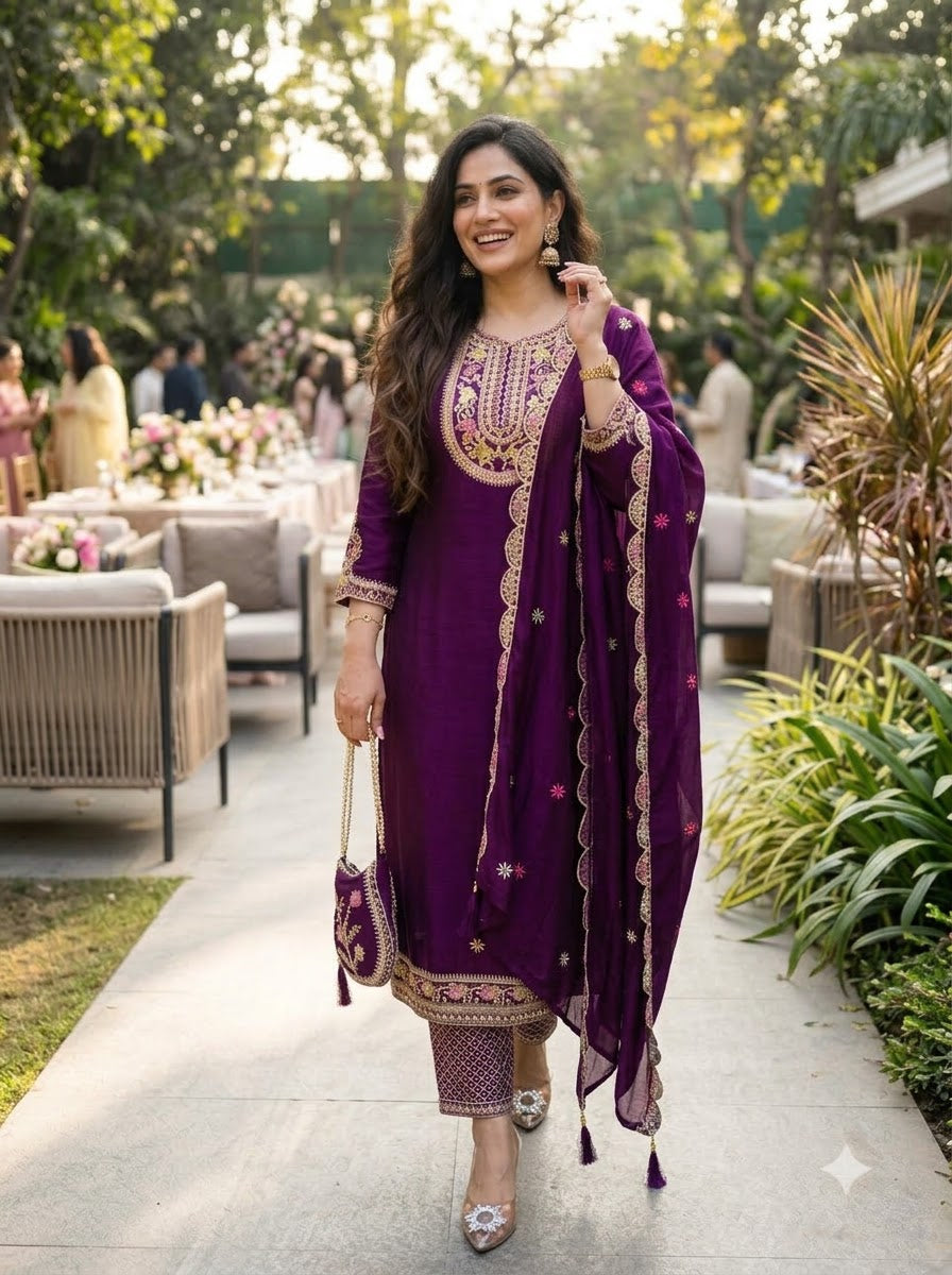 Noble Grace Chinon Silk Embroidered Kurti Set