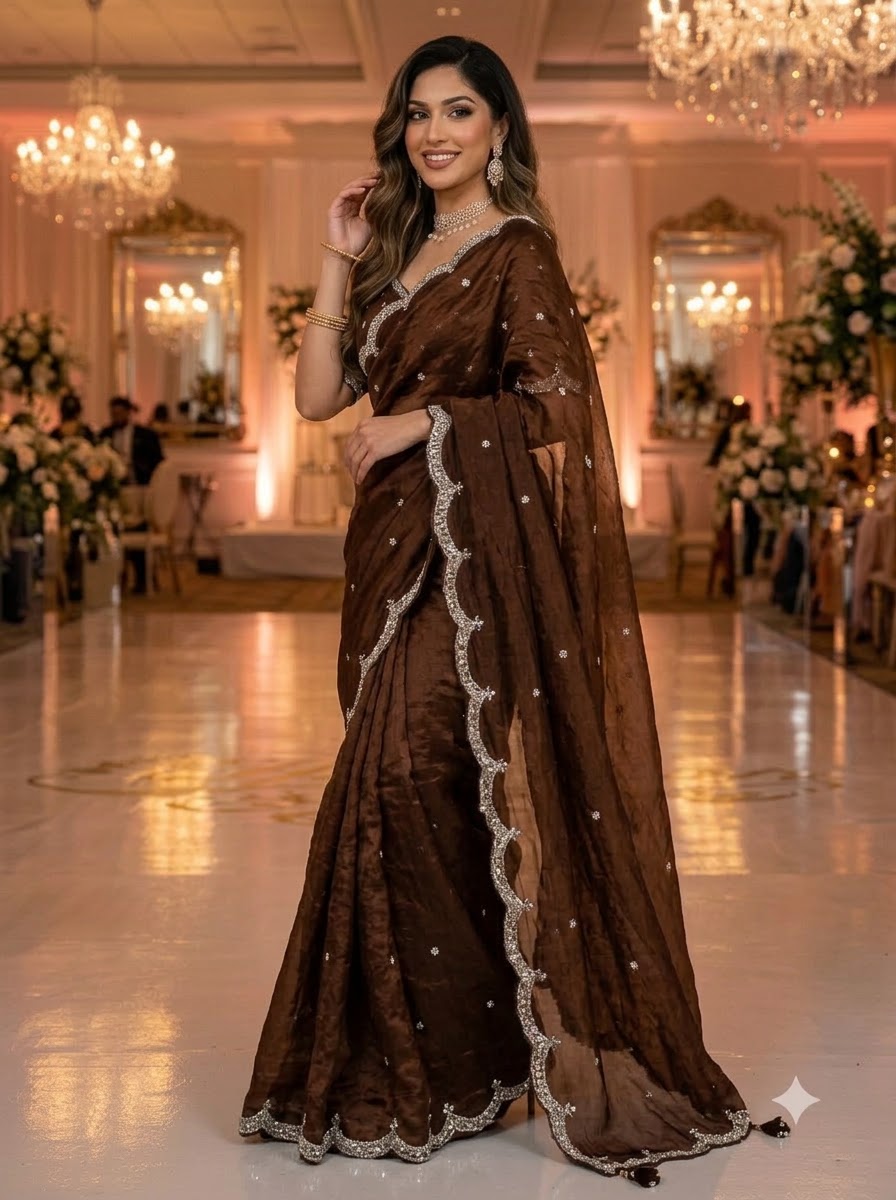 Eyes of Elegance Fandy Satin Silk Saree with Cutdana Work