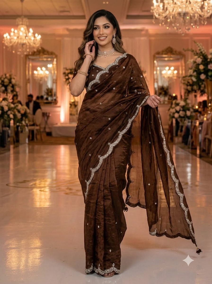 Eyes of Elegance Fandy Satin Silk Saree with Cutdana Work