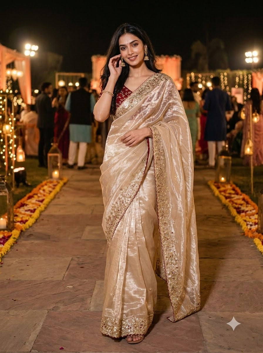 Crimson Glow  Designer Embroidery Silk Saree
