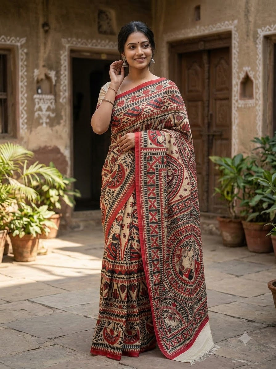 Mithila Parampara Pure Ghicha Tussar Silk Saree