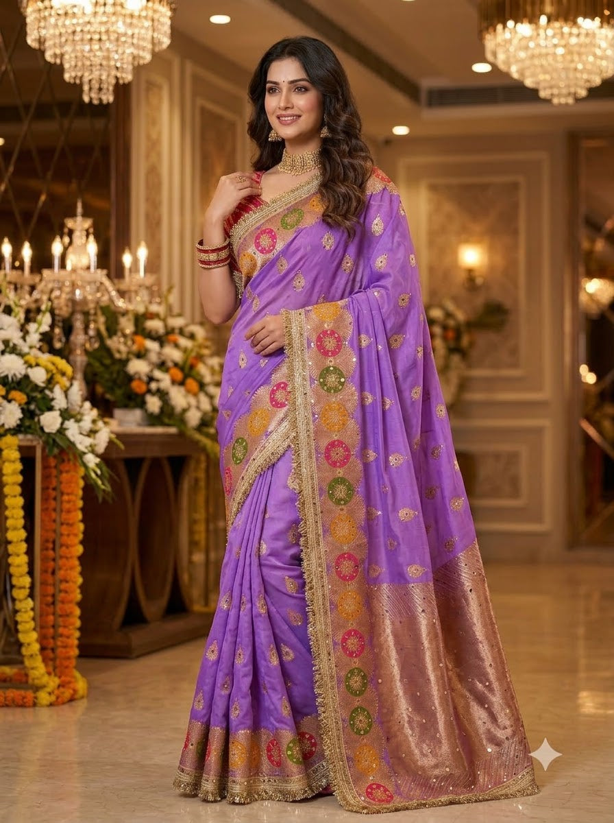 Willow Charm Silk Saree With Mirror Work
