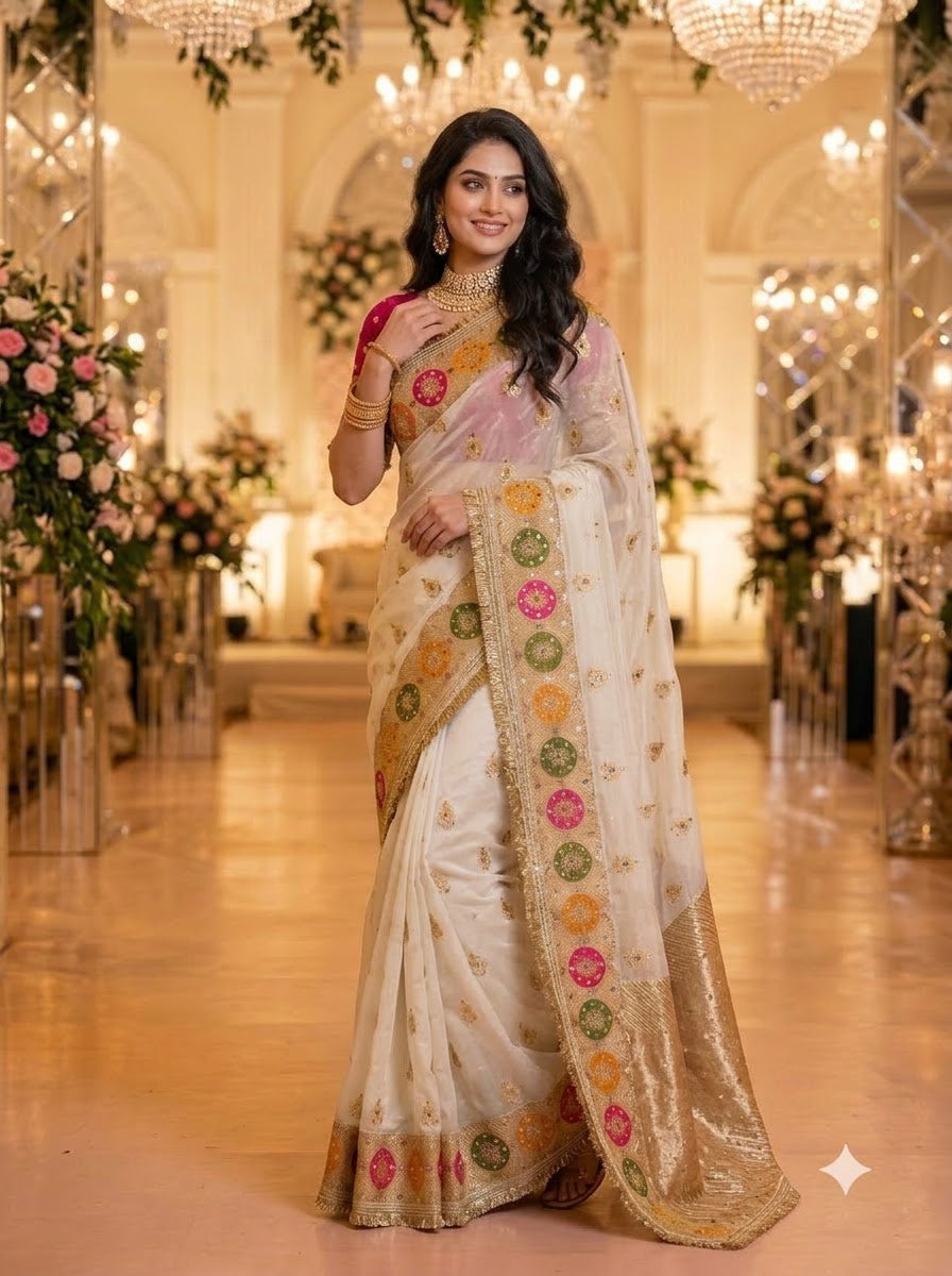 Willow Charm Silk Saree With Mirror Work