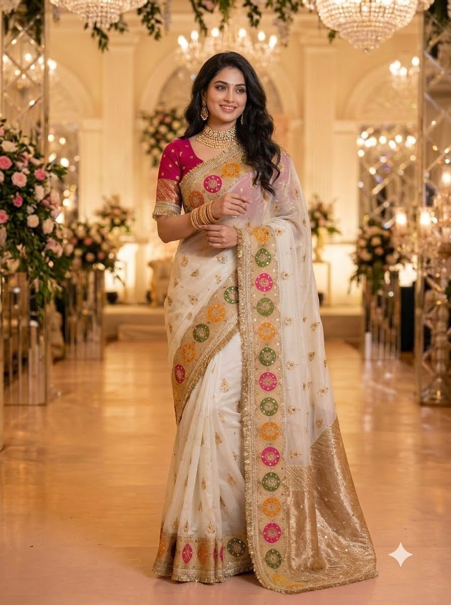 Willow Charm Silk Saree With Mirror Work