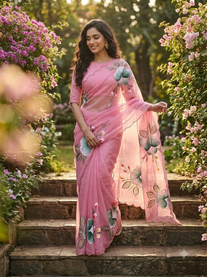 Flowers for Her Soul – Chiffon Handwork Saree with Khatli Work