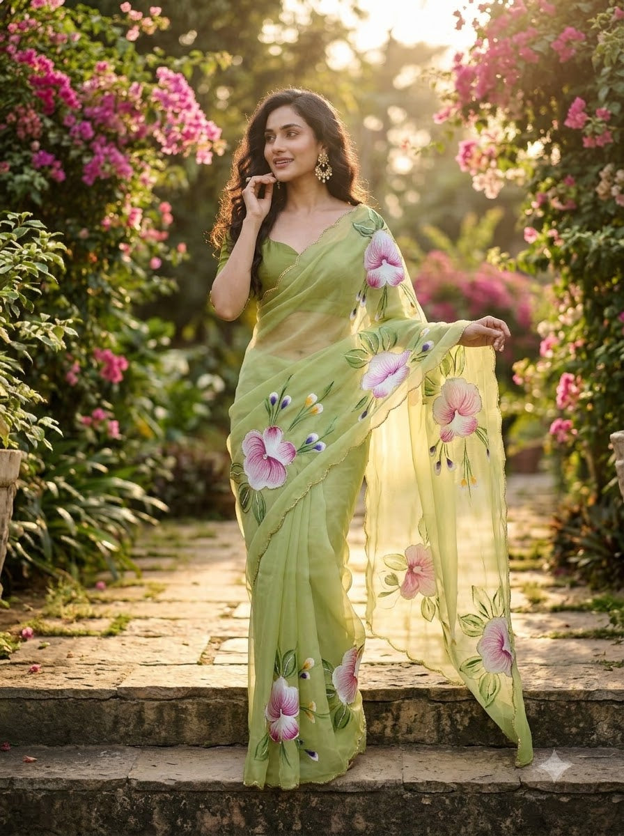 Flowers for Her Soul – Chiffon Handwork Saree with Khatli Work