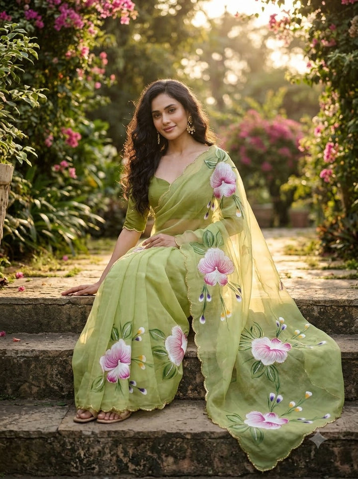 Flowers for Her Soul – Chiffon Handwork Saree with Khatli Work