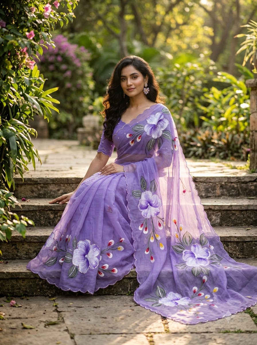 Flowers for Her Soul – Chiffon Handwork Saree with Khatli Work
