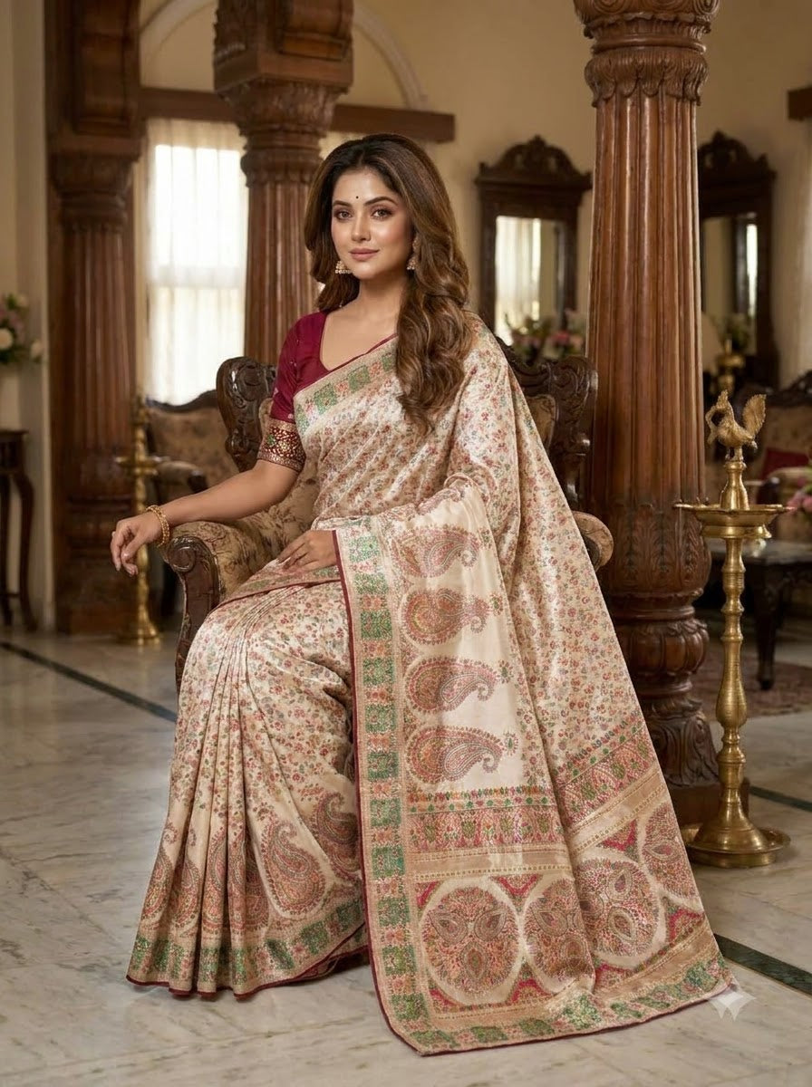 Say Less Pashmina Silk Saree with Kashmiri Work