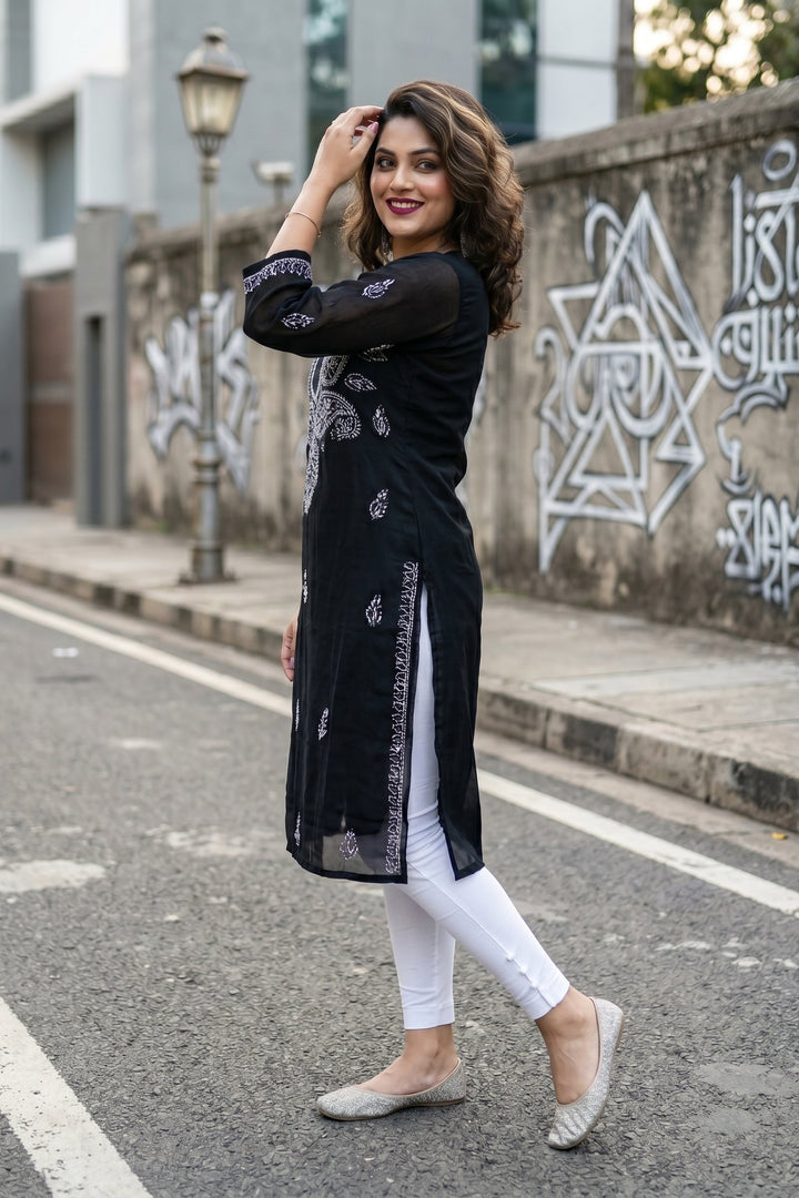 Black Georgette Chikankari Kurti(No pant)