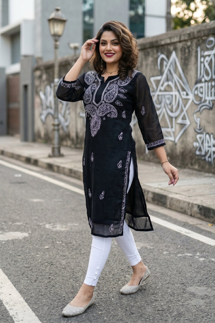 Black Georgette Chikankari Kurti(No pant)
