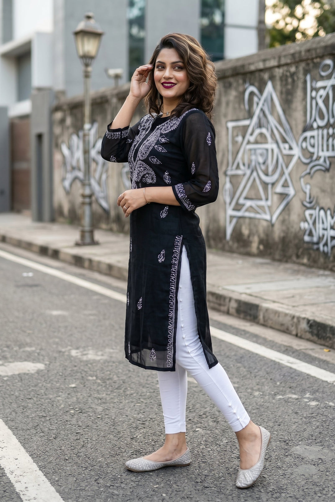 Black Georgette Chikankari Kurti(No pant)