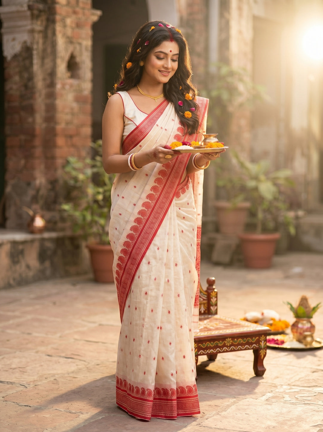 Shubho - The Auspicious White Red Saree