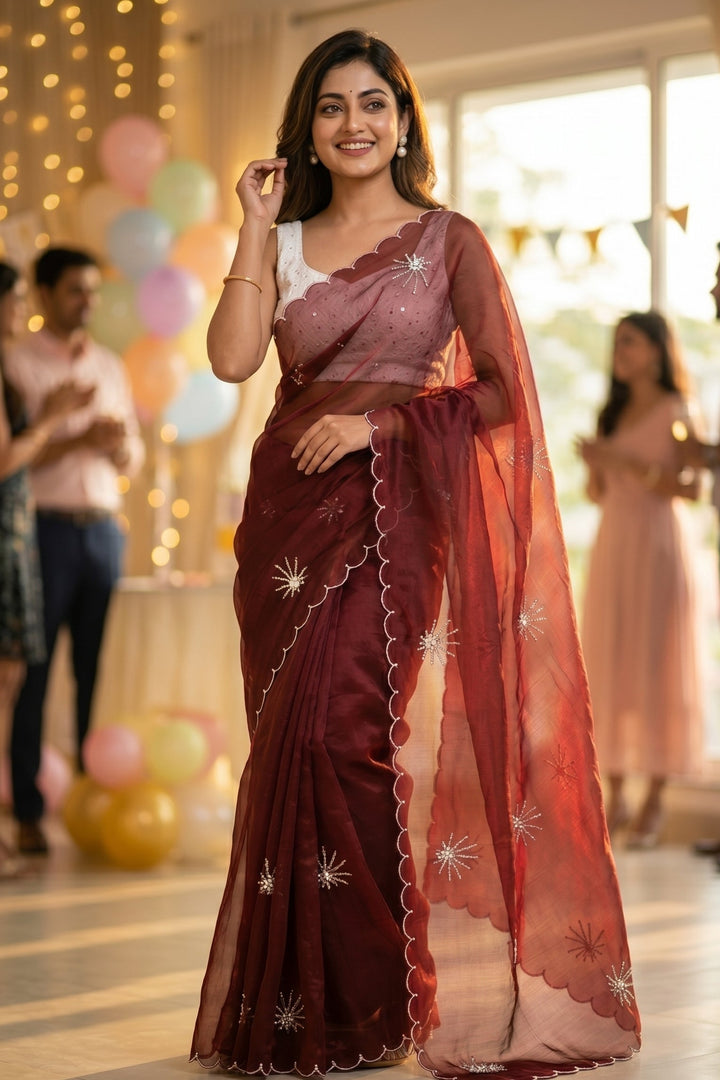 Pearl Bloom Organza Saree (Maroon)