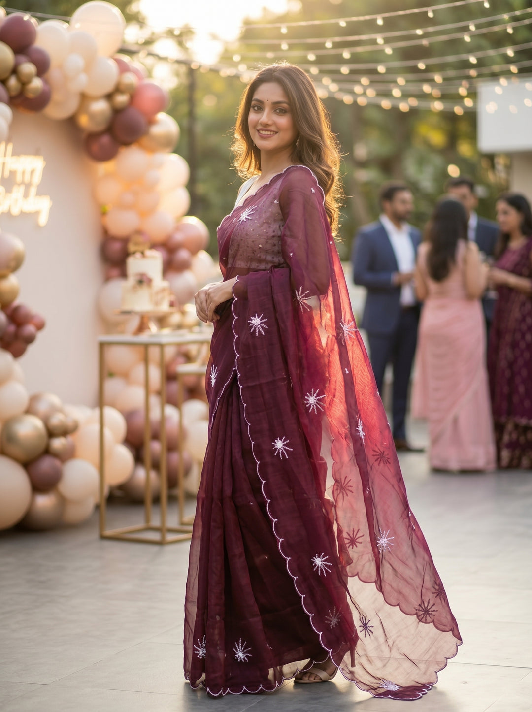 Pearl Bloom Organza Saree (Wine)