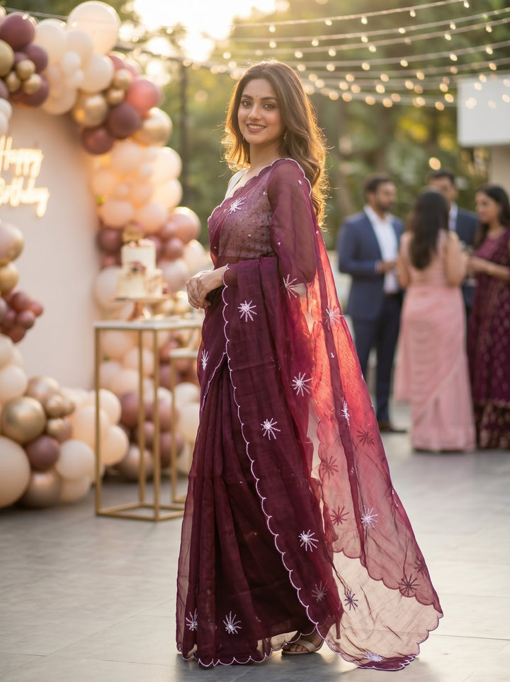 Pearl Bloom Organza Saree (Wine)
