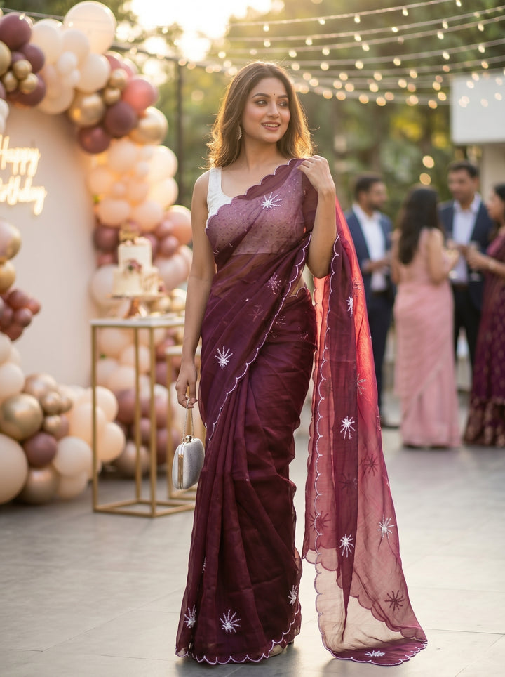 Pearl Bloom Organza Saree (Wine)